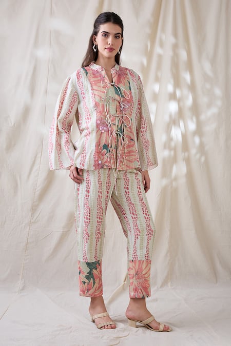 Soup By Sougat Paul Linen Embroidery Open Neck Ravya Embellished Co-ord Set 