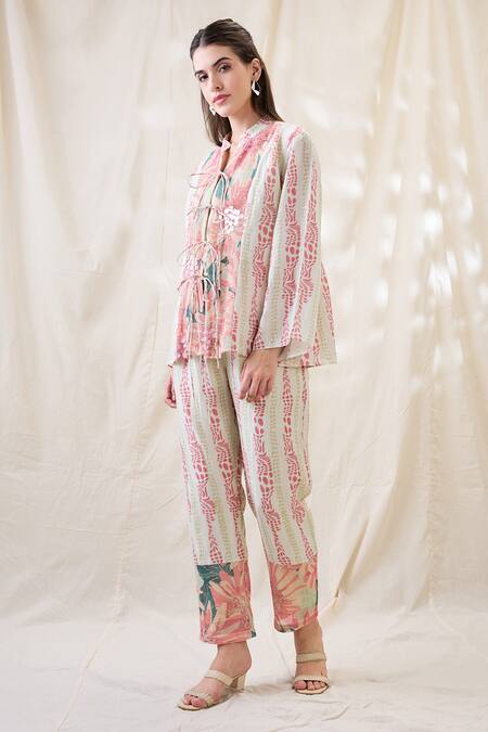 Buy_Soup By Sougat Paul_Linen Embroidery Open Neck Ravya Embellished Co-ord Set _Online_at_Aza_Fashions