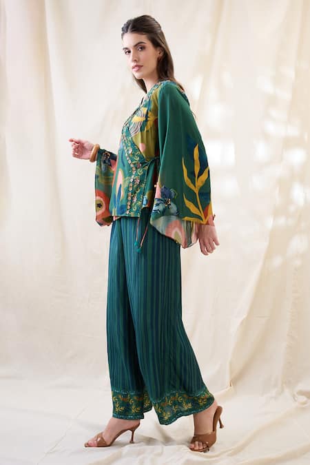 Soup By Sougat Paul_Green Chanderi Embroidery V-neck Flora Embellished Angrakha Set _Online_at_Aza_Fashions