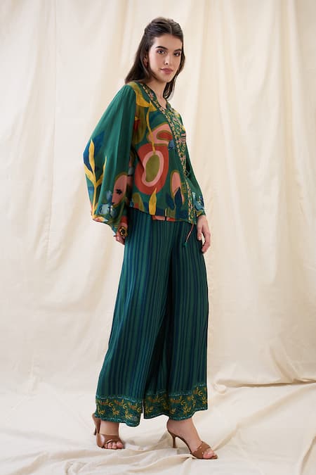 Buy_Soup By Sougat Paul_Green Chanderi Embroidery V-neck Flora Embellished Angrakha Set _Online_at_Aza_Fashions