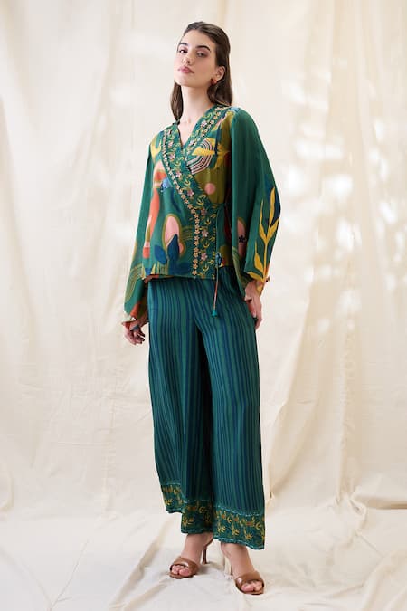 Soup By Sougat Paul Green Chanderi Embroidery V-neck Flora Embellished Angrakha Set 