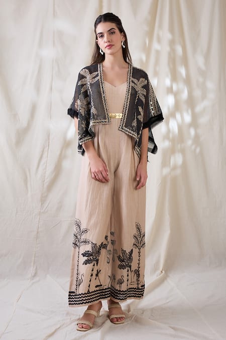 Soup By Sougat Paul Beige Cotton, Silk, Net Embroidery, Sequins Noorani Printed Jumpsuit And Jacket Online at Aza Fashions Soup By Sougat Paul_Beige Cotton, Silk, Net Embroidery, Sequins Noorani Printed Jumpsuit And Jacket _Online_at_Aza_Fashions
