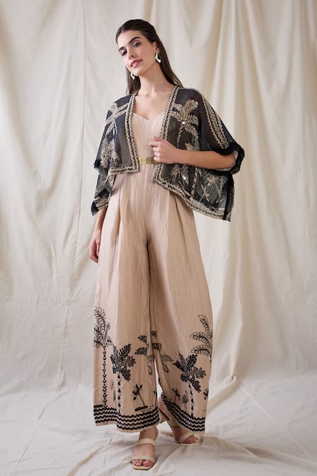 Soup By Sougat Paul Beige Cotton, Silk, Net Embroidery, Sequins Noorani Printed Jumpsuit And Jacket 