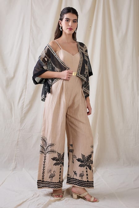 Shop Soup By Sougat Paul Beige Cotton, Silk, Net Embroidery, Sequins Noorani Printed Jumpsuit And Jacket Online at Aza Fashions Shop_Soup By Sougat Paul_Beige Cotton, Silk, Net Embroidery, Sequins Noorani Printed Jumpsuit And Jacket _Online_at_Aza_Fashions