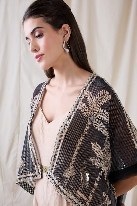 Soup By Sougat Paul Beige Cotton, Silk, Net Embroidery, Sequins Noorani Printed Jumpsuit And Jacket at Aza Fashions Soup By Sougat Paul_Beige Cotton, Silk, Net Embroidery, Sequins Noorani Printed Jumpsuit And Jacket _at_Aza_Fashions