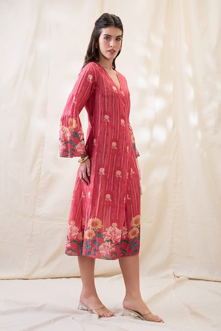 Soup By Sougat Paul Pink Linen Embroidery V-neck Ravya Front Overlapped Dress Online at Aza Fashions Soup By Sougat Paul_Pink Linen Embroidery V-neck Ravya Front Overlapped Dress _Online_at_Aza_Fashions