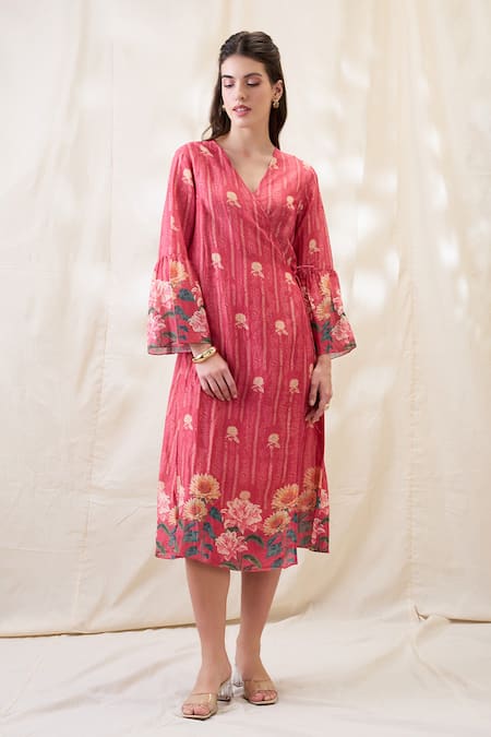 Soup By Sougat Paul Pink Linen Embroidery V-neck Ravya Front Overlapped Dress 