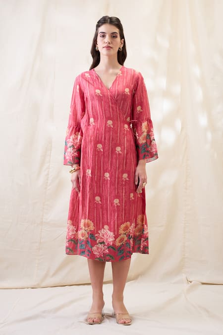 Buy Soup By Sougat Paul Pink Linen Embroidery V-neck Ravya Front Overlapped Dress Online at Aza Fashions Buy_Soup By Sougat Paul_Pink Linen Embroidery V-neck Ravya Front Overlapped Dress _Online_at_Aza_Fashions
