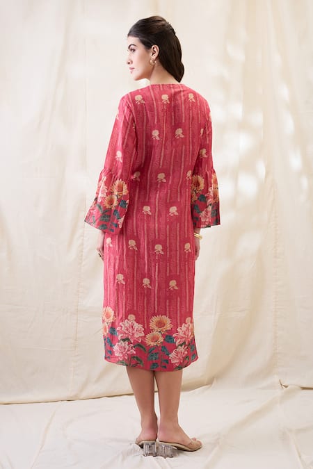 Shop Soup By Sougat Paul Pink Linen Embroidery V-neck Ravya Front Overlapped Dress at Aza Fashions Shop_Soup By Sougat Paul_Pink Linen Embroidery V-neck Ravya Front Overlapped Dress _at_Aza_Fashions