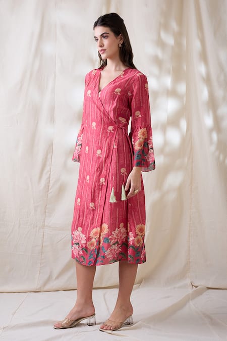 Shop Soup By Sougat Paul Pink Linen Embroidery V-neck Ravya Front Overlapped Dress Online at Aza Fashions Shop_Soup By Sougat Paul_Pink Linen Embroidery V-neck Ravya Front Overlapped Dress _Online_at_Aza_Fashions