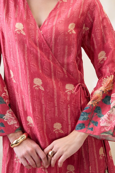 Soup By Sougat Paul Pink Linen Embroidery V-neck Ravya Front Overlapped Dress at Aza Fashions Soup By Sougat Paul_Pink Linen Embroidery V-neck Ravya Front Overlapped Dress _at_Aza_Fashions