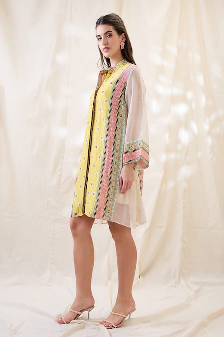 Soup By Sougat Paul_Yellow Linen Embroidery Collared Embellished Dress _Online_at_Aza_Fashions