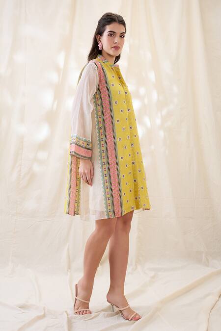 Buy_Soup By Sougat Paul_Yellow Linen Embroidery Collared Embellished Dress _Online_at_Aza_Fashions