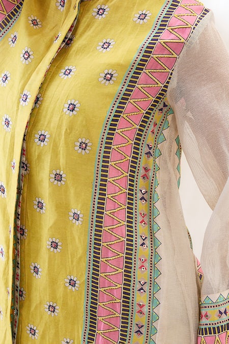 Soup By Sougat Paul_Yellow Linen Embroidery Collared Embellished Dress _at_Aza_Fashions
