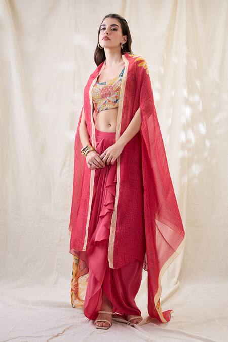 Soup By Sougat Paul_Pink Cotton, Net Embroidery Round Ravya Drape Skirt Set With Embellished Cape _Online_at_Aza_Fashions