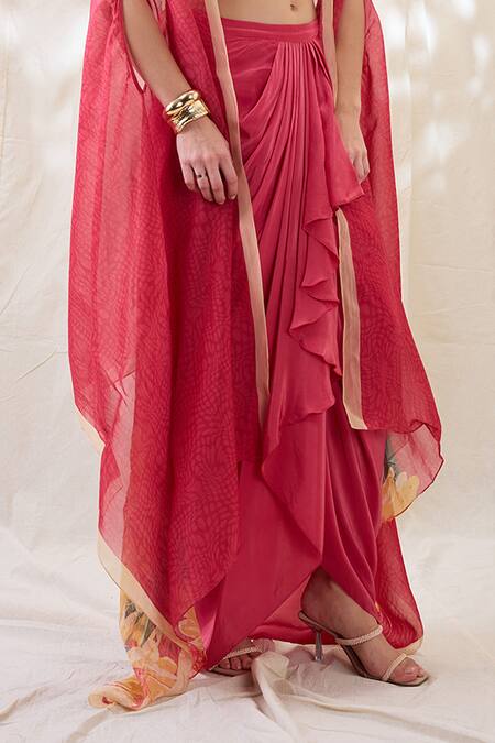 Buy_Soup By Sougat Paul_Pink Cotton, Net Embroidery Round Ravya Drape Skirt Set With Embellished Cape _Online_at_Aza_Fashions