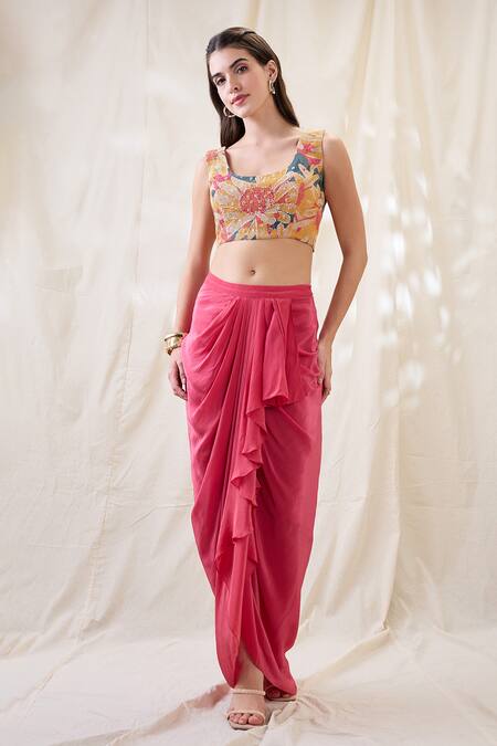 Shop_Soup By Sougat Paul_Pink Cotton, Net Embroidery Round Ravya Drape Skirt Set With Embellished Cape _Online_at_Aza_Fashions