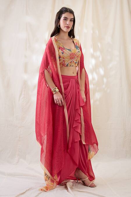 Soup By Sougat Paul_Pink Cotton, Net Embroidery Round Ravya Drape Skirt Set With Embellished Cape _at_Aza_Fashions