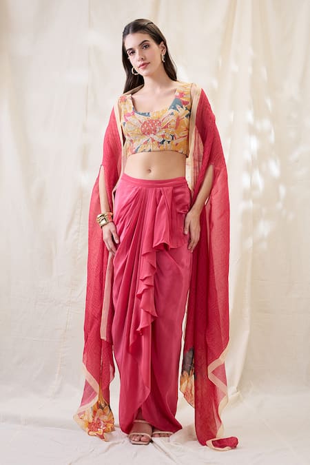 Soup By Sougat Paul Pink Cotton, Net Embroidery Round Ravya Drape Skirt Set With Embellished Cape 