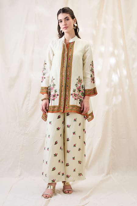 Soup By Sougat Paul Beige Linen Embroidery Mandarin Collar Gulazaar Tunic Pant Set 