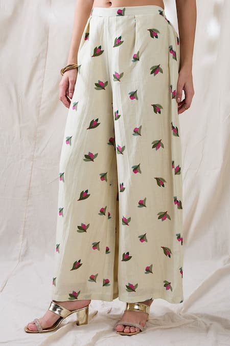 Soup By Sougat Paul_Beige Linen Embroidery Mandarin Collar Gulazaar Tunic Pant Set _Online_at_Aza_Fashions