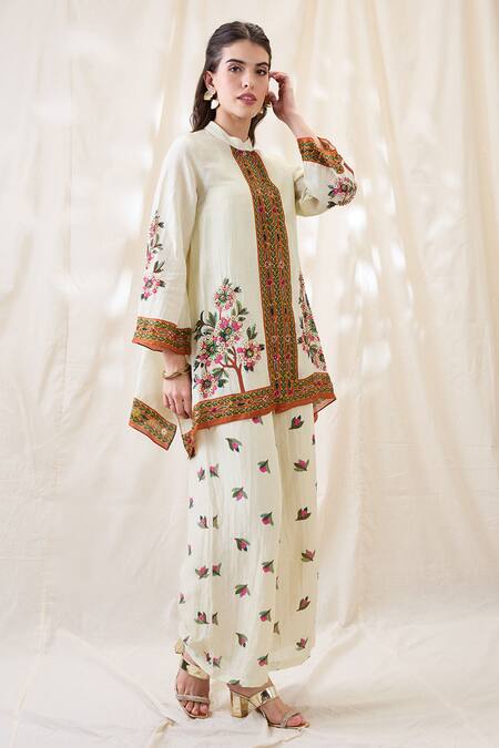Buy_Soup By Sougat Paul_Beige Linen Embroidery Mandarin Collar Gulazaar Tunic Pant Set _Online_at_Aza_Fashions