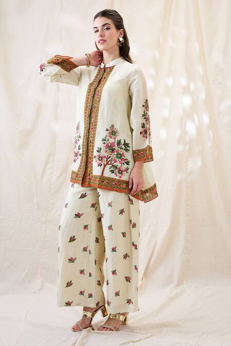 Shop_Soup By Sougat Paul_Beige Linen Embroidery Mandarin Collar Gulazaar Tunic Pant Set _Online_at_Aza_Fashions