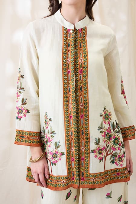 Soup By Sougat Paul_Beige Linen Embroidery Mandarin Collar Gulazaar Tunic Pant Set _at_Aza_Fashions