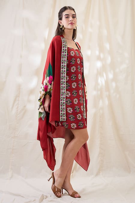 Soup By Sougat Paul_Red Linen, Cotton, Silk Embroidery Square Gulzaar Printed Dress And Jacket Set _Online_at_Aza_Fashions