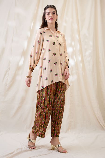 Soup By Sougat Paul_Beige Cotton, Silk Embroidery Collared, Gulzaar Printed Kurta Set With Jacket _Online_at_Aza_Fashions