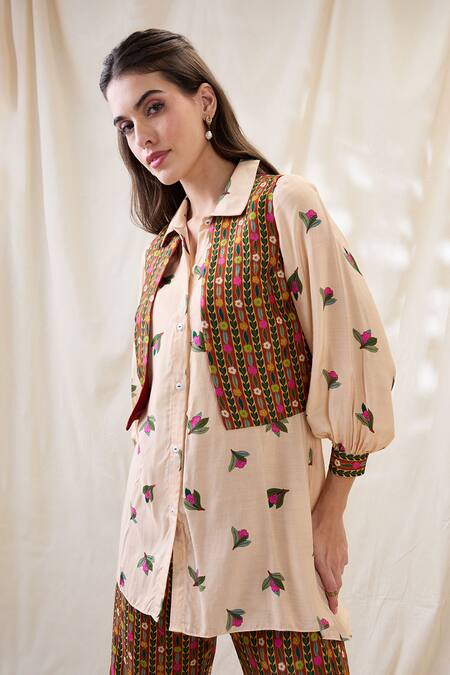 Shop_Soup By Sougat Paul_Beige Cotton, Silk Embroidery Collared, Gulzaar Printed Kurta Set With Jacket _Online_at_Aza_Fashions