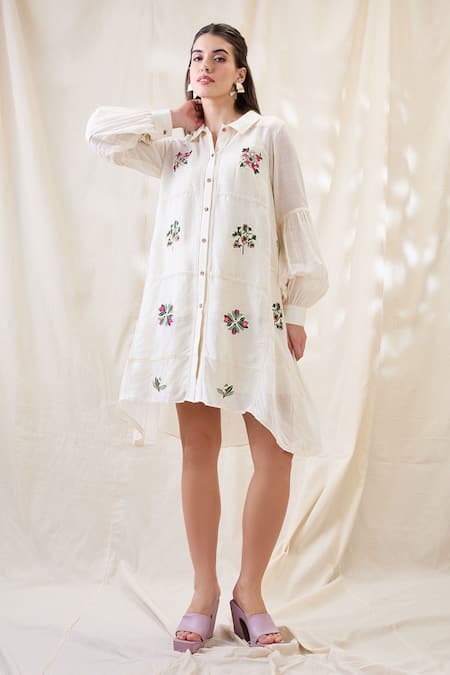 Soup By Sougat Paul White Linen Embroidery Collared Gulzaar Appliqued Dress 