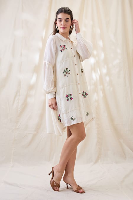 Buy Soup By Sougat Paul White Linen Embroidery Collared Gulzaar Appliqued Dress Online at Aza Fashions Buy_Soup By Sougat Paul_White Linen Embroidery Collared Gulzaar Appliqued Dress _Online_at_Aza_Fashions