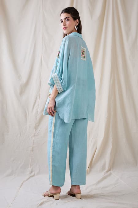 Shop Soup By Sougat Paul Blue Linen Embroidery, Lace Collared Gulzaar Appliqued Co-ord Set at Aza Fashions Shop_Soup By Sougat Paul_Blue Linen Embroidery, Lace Collared Gulzaar Appliqued Co-ord Set _at_Aza_Fashions