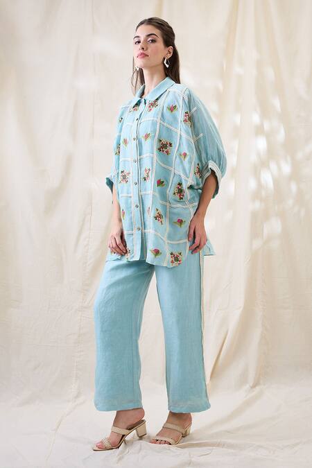 Buy Soup By Sougat Paul Blue Linen Embroidery, Lace Collared Gulzaar Appliqued Co-ord Set Online at Aza Fashions Buy_Soup By Sougat Paul_Blue Linen Embroidery, Lace Collared Gulzaar Appliqued Co-ord Set _Online_at_Aza_Fashions