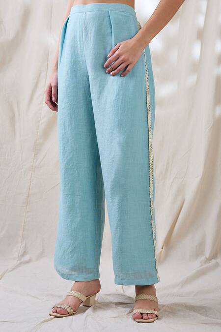 Shop Soup By Sougat Paul Blue Linen Embroidery, Lace Collared Gulzaar Appliqued Co-ord Set Online at Aza Fashions Shop_Soup By Sougat Paul_Blue Linen Embroidery, Lace Collared Gulzaar Appliqued Co-ord Set _Online_at_Aza_Fashions