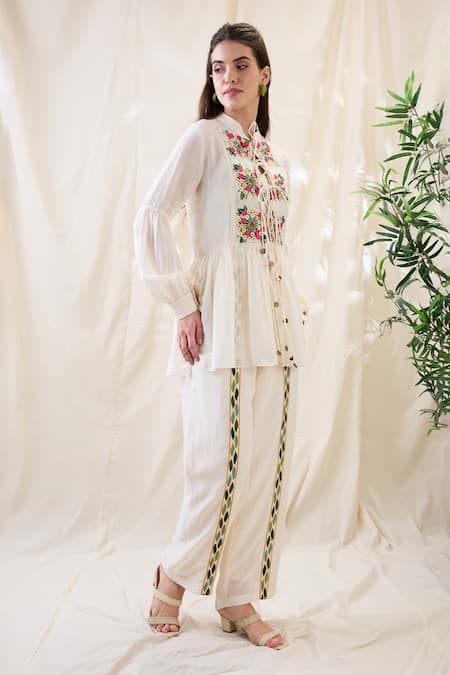 Soup By Sougat Paul_White Linen Embroidery Mandarin Gulzaar Appliqued Peplum Top And Palazzo Set _Online_at_Aza_Fashions