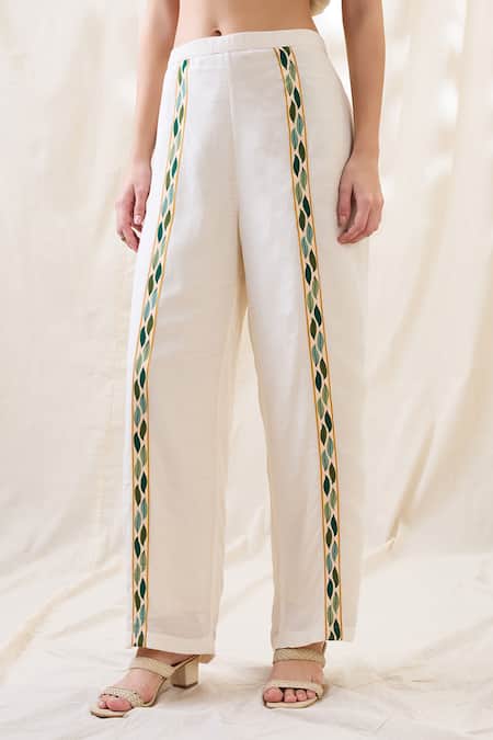 Buy_Soup By Sougat Paul_White Linen Embroidery Mandarin Gulzaar Appliqued Peplum Top And Palazzo Set _Online_at_Aza_Fashions