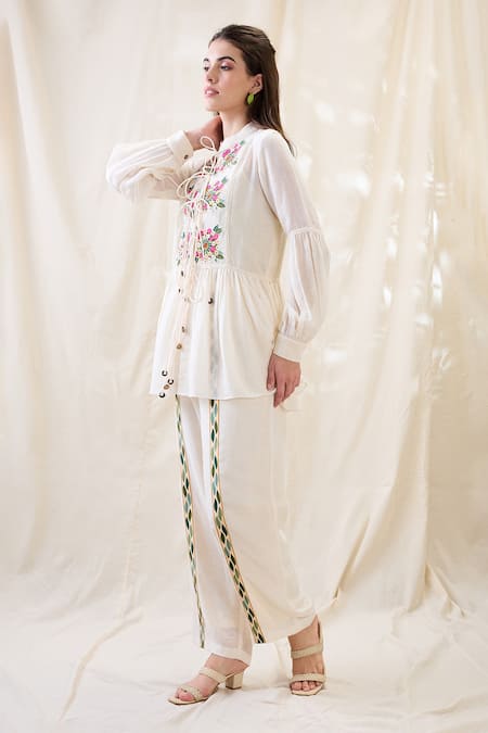 Shop_Soup By Sougat Paul_White Linen Embroidery Mandarin Gulzaar Appliqued Peplum Top And Palazzo Set _Online_at_Aza_Fashions