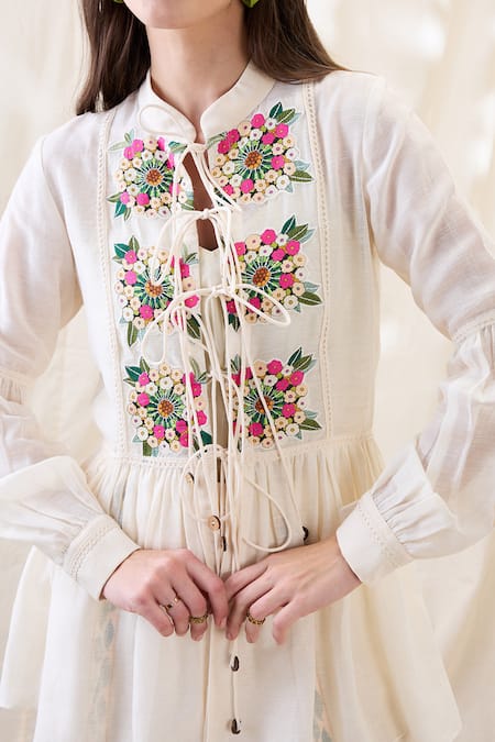 Soup By Sougat Paul_White Linen Embroidery Mandarin Gulzaar Appliqued Peplum Top And Palazzo Set _at_Aza_Fashions