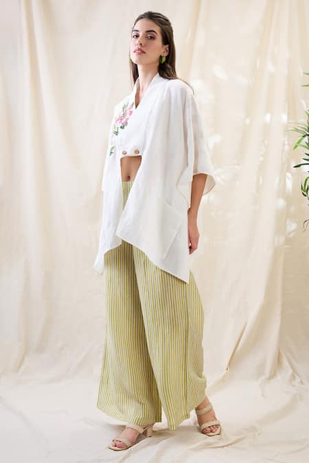 Soup By Sougat Paul White Linen Embroidery Shawl Neck Gulzaar Appliqued Co-ord Set Online at Aza Fashions Soup By Sougat Paul_White Linen Embroidery Shawl Neck Gulzaar Appliqued Co-ord Set _Online_at_Aza_Fashions