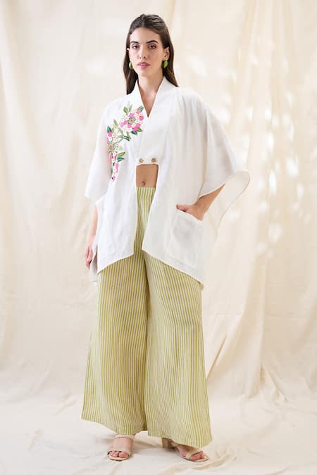 Soup By Sougat Paul White Linen Embroidery Shawl Neck Gulzaar Appliqued Co-ord Set 