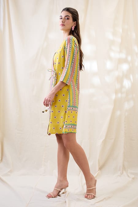 Soup By Sougat Paul Yellow Linen Embroidery V-neck Printed Overlapped Dress Online at Aza Fashions Soup By Sougat Paul_Yellow Linen Embroidery V-neck Printed Overlapped Dress _Online_at_Aza_Fashions