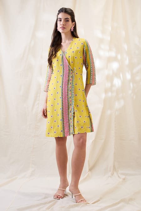 Soup By Sougat Paul Yellow Linen Embroidery V-neck Printed Overlapped Dress 