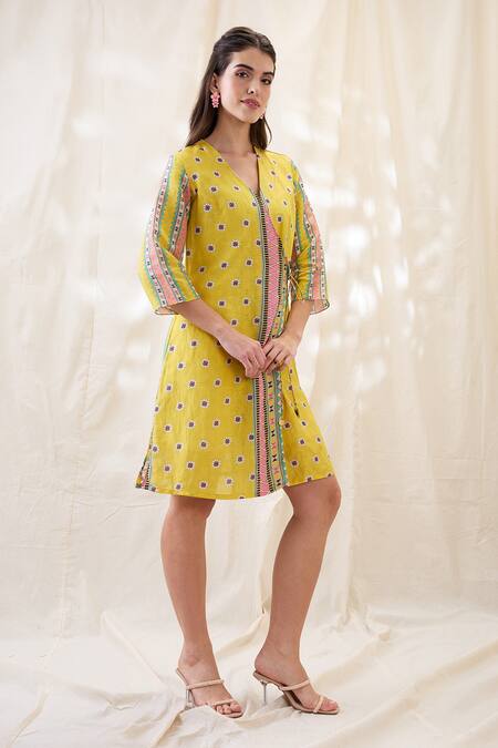 Buy Soup By Sougat Paul Yellow Linen Embroidery V-neck Printed Overlapped Dress Online at Aza Fashions Buy_Soup By Sougat Paul_Yellow Linen Embroidery V-neck Printed Overlapped Dress _Online_at_Aza_Fashions