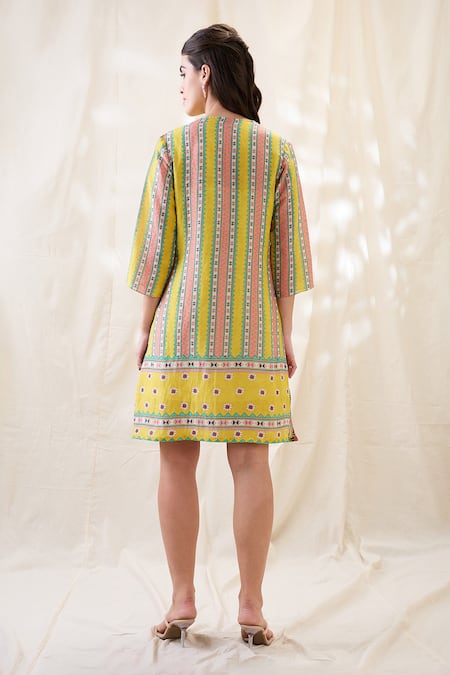 Shop Soup By Sougat Paul Yellow Linen Embroidery V-neck Printed Overlapped Dress at Aza Fashions Shop_Soup By Sougat Paul_Yellow Linen Embroidery V-neck Printed Overlapped Dress _at_Aza_Fashions