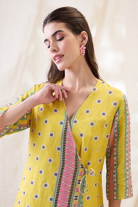 Shop Soup By Sougat Paul Yellow Linen Embroidery V-neck Printed Overlapped Dress Online at Aza Fashions Shop_Soup By Sougat Paul_Yellow Linen Embroidery V-neck Printed Overlapped Dress _Online_at_Aza_Fashions
