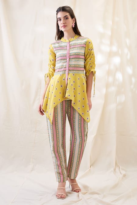Soup By Sougat Paul Yellow Linen Embroidery Round Neck Printed Handkerchief Top With Pants 