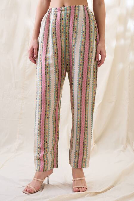 Soup By Sougat Paul_Yellow Linen Embroidery Round Neck Printed Handkerchief Top With Pants _Online_at_Aza_Fashions