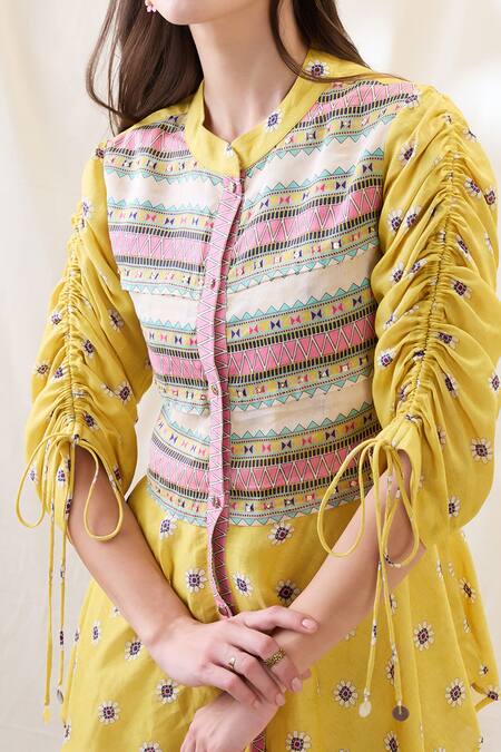 Shop_Soup By Sougat Paul_Yellow Linen Embroidery Round Neck Printed Handkerchief Top With Pants _Online_at_Aza_Fashions